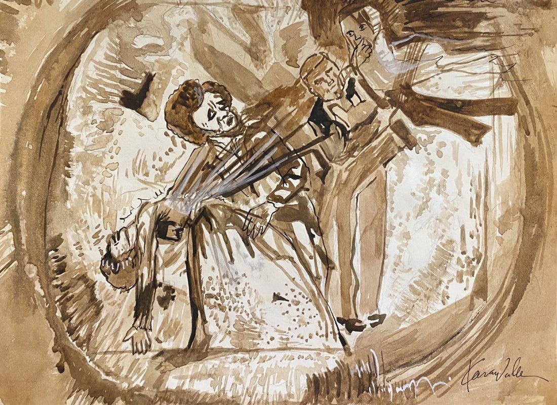 Kara Walker: Mix media on paper 11 1/2 x 8 1/2 in, manner of Kara Elizabeth Walker (born November 26, 1969) is an American contemporary painter, silhouettist, print-maker, installation artist, filmmaker, and profe