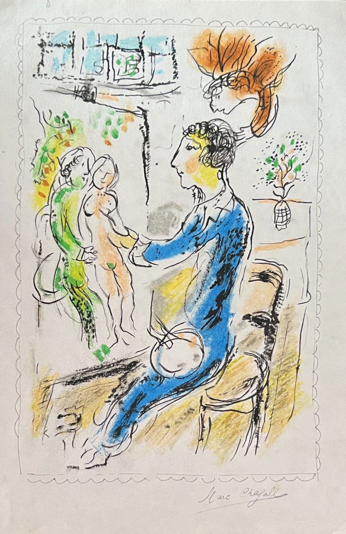Marc Chagall: Drawing mix media on paper 10 1/2 x 7 1/2 in, manner of the artist Marc Chagall (born Moishe Shagal; 6 July [O.S. 24 June] 1887 â€“ 28 March 1985) was a Russian-French artist of Belarusian Jewish