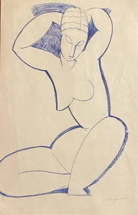 Amedeo Modigliani (manner of): Drawing on paper 11 1/2 x 7 1/2 in, manner of Amedeo Clemente Modigliani (12 July 1884 Ãƒâ€šâ€“ 24 January 1920) was an Italian Jewish painter and sculptor who worked mainly in France. He