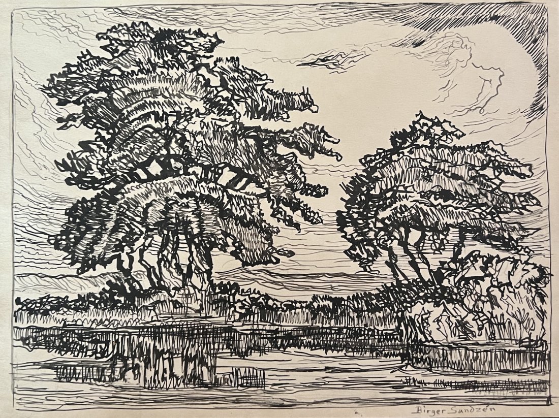 Birger Sandzen: Ink on paper 8 x 10 1/2 in, manner of Sven Birger SandzÃ©n (February 5, 1871 â€“ June 22, 1954), known more commonly as Birger SandzÃ©n, was an American painter best known for his landscapes.