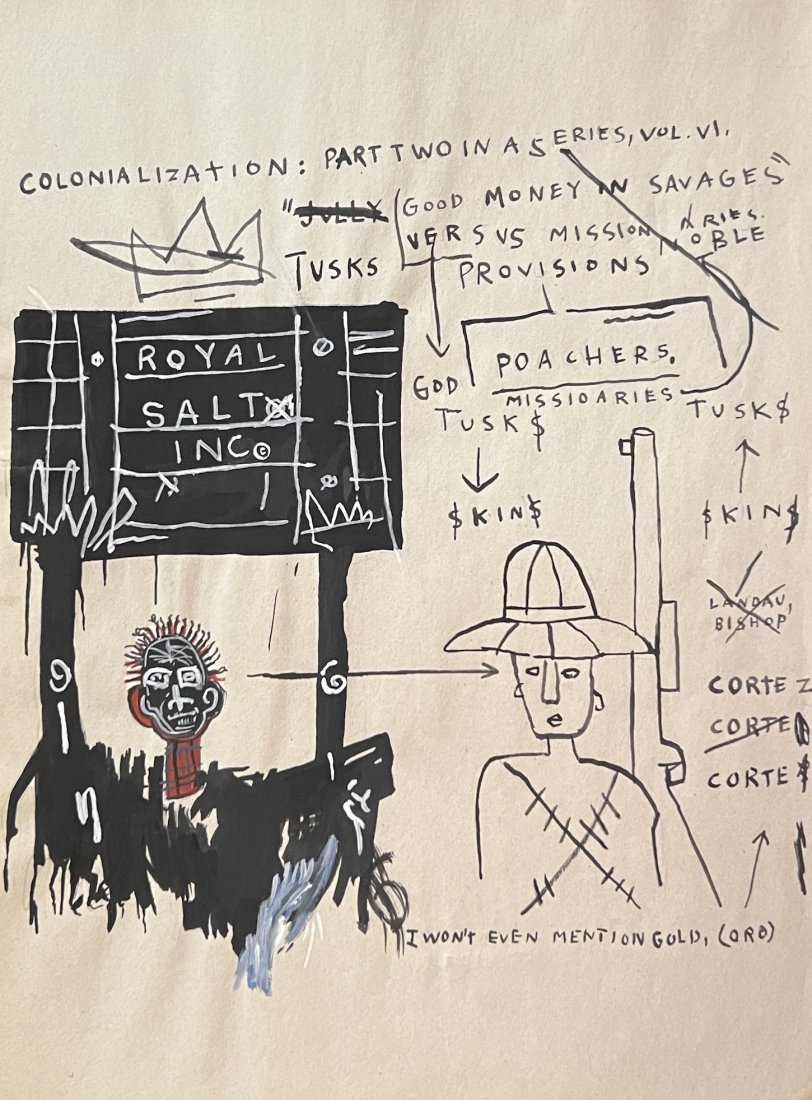 Jean-Michel Basquiat (manner of): Drawing on paper 11 x 8 in, manner of the artist Jean-Michel Basquiat (December 22, 1960 August 12, 1988) was an American artist of Haitian and Puerto Rican descent. Basquiat first achieved fame as pa