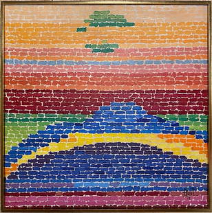 Alma Thomas: Oil on canvas 27 1/2 x 27 1/2 in framed, Art 27 x 27 in, manner of Alma Woodsey Thomas (September 22, 1891 February 24, 1978)-was an African-American Expressionist painter and art educator best known