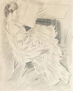 Paul Cesar Helleu (manner of): Drawing on paper 16 x 12 1/2 in, manner of Paul Cesar Helleu (17 December 1859 Ã‚â€“ 23 March 1927) was a French oil painter, pastel artist, drypoint etcher, and designer, best known for his