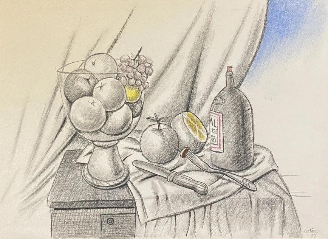Fernando Botero: Drawing on paper 11 x 8 in, manner of Fernando Botero Angulo (born 19 April 1932) is a Colombian figurative artist and sculptor, born in MedellÃ­n. His signature style, also known as "Boteri