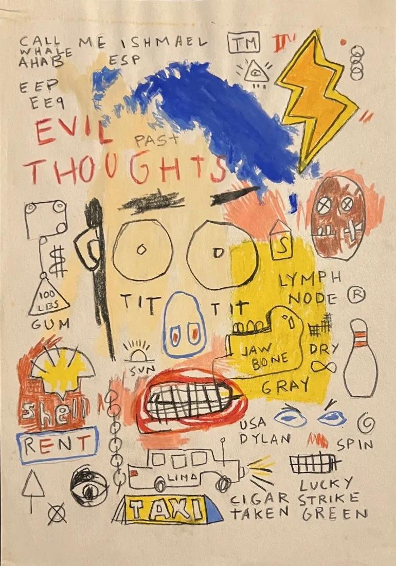 Jean-Michel Basquiat (manner of): Drawing on paper 12 x 8 1/2 in, manner of the artist Jean-Michel Basquiat (December 22, 1960 Â– August 12, 1988) was an American artist of Haitian and Puerto Rican descent. Basquiat first a