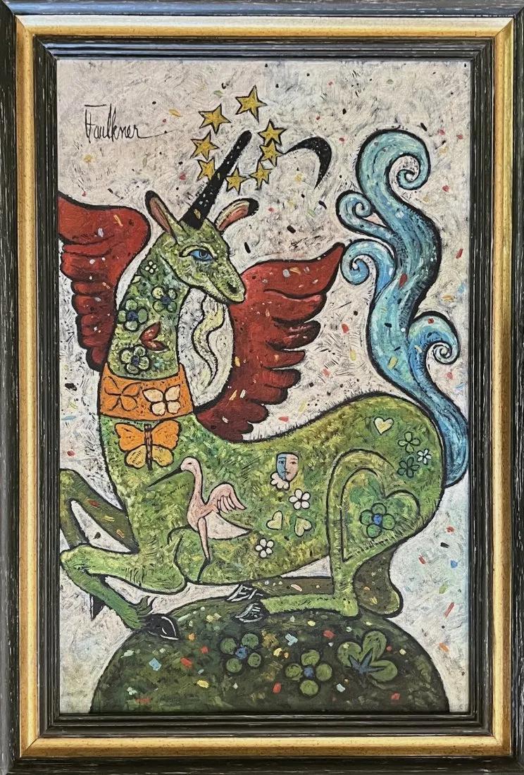 Henry Faulkner: Oil on board, framed 26 x 18 in. Art 21 1/2 x 13 1/2 in, manner of Henry Lawrence Faulkner (January 9, 1924 Â– December 3, 1981) was a Kentucky-born artist and poet known as an eccentric re