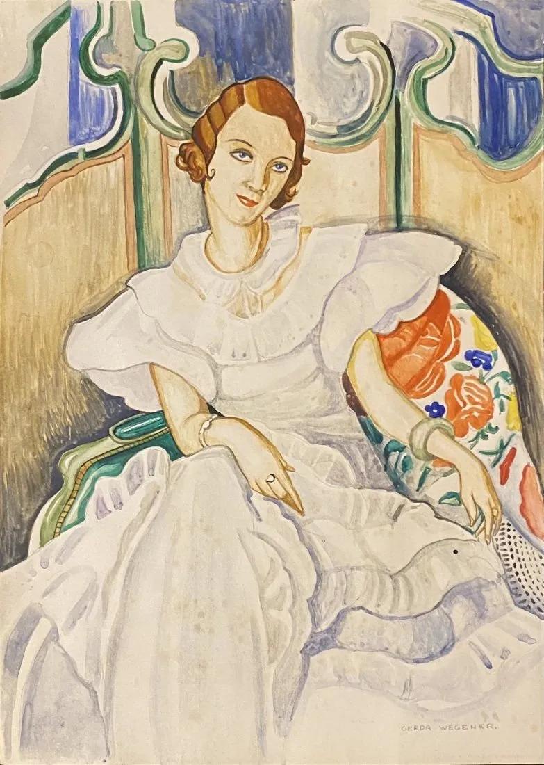 Gerda Wegener: Painting on paper 11 1/2 x 8 1/2 in, manner of Gerda Marie Fredrikke Wegener (15 March 1886 â€“ 28 July 1940) was a Danish illustrator and painter. Wegener is known for her fashion ill
