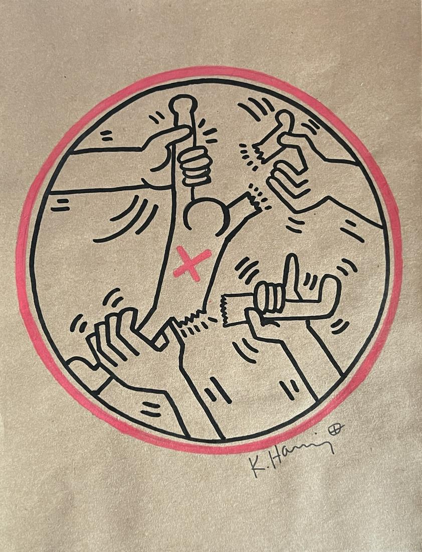 Keith Haring (manner of): Mix media on paper 10 1/2 x 8 in , manner of the artist Keith Allen Haring (May 4, 1958 February 16, 1990) was an American artist whose pop art and graffiti-like work grew out of the New York City str