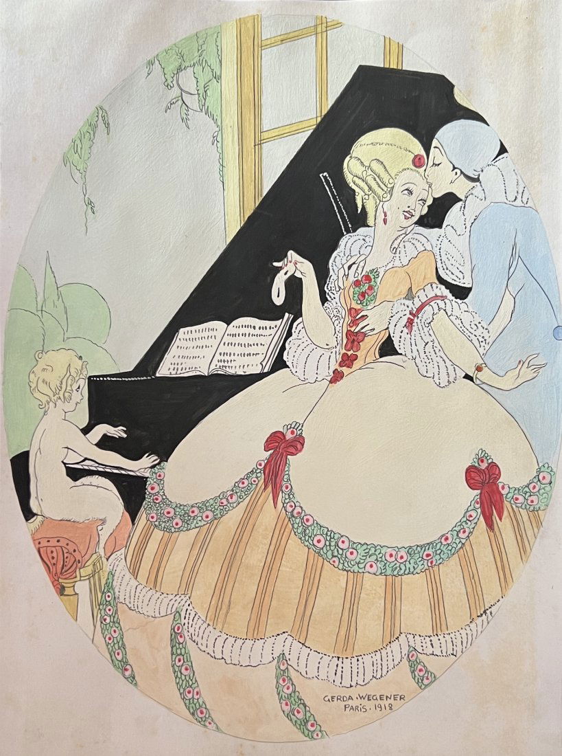 Gerda Wegener: Drawing on paper 11 1/4 x 8 1/2 in, manner of Gerda Marie Fredrikke Wegener (nÃ©e Gottlieb; 15 March 1886 â€“ 28 July 1940) was a Danish illustrator and painter. Wegener is known for her fashio