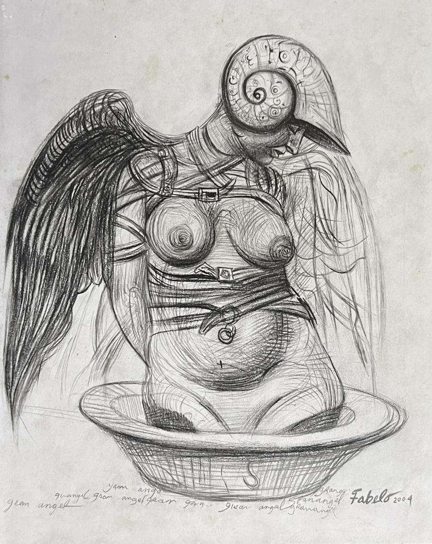 Roberto Fabelo: Drawing on paper 10 1/2 x 8 1/2 in, manner of Roberto Fabelo (born 1951) is a contemporary Cuban painter, sculptor, and illustrator.Born in Guáimaro, Camaguey Fabelo studied at The National Art Schoo