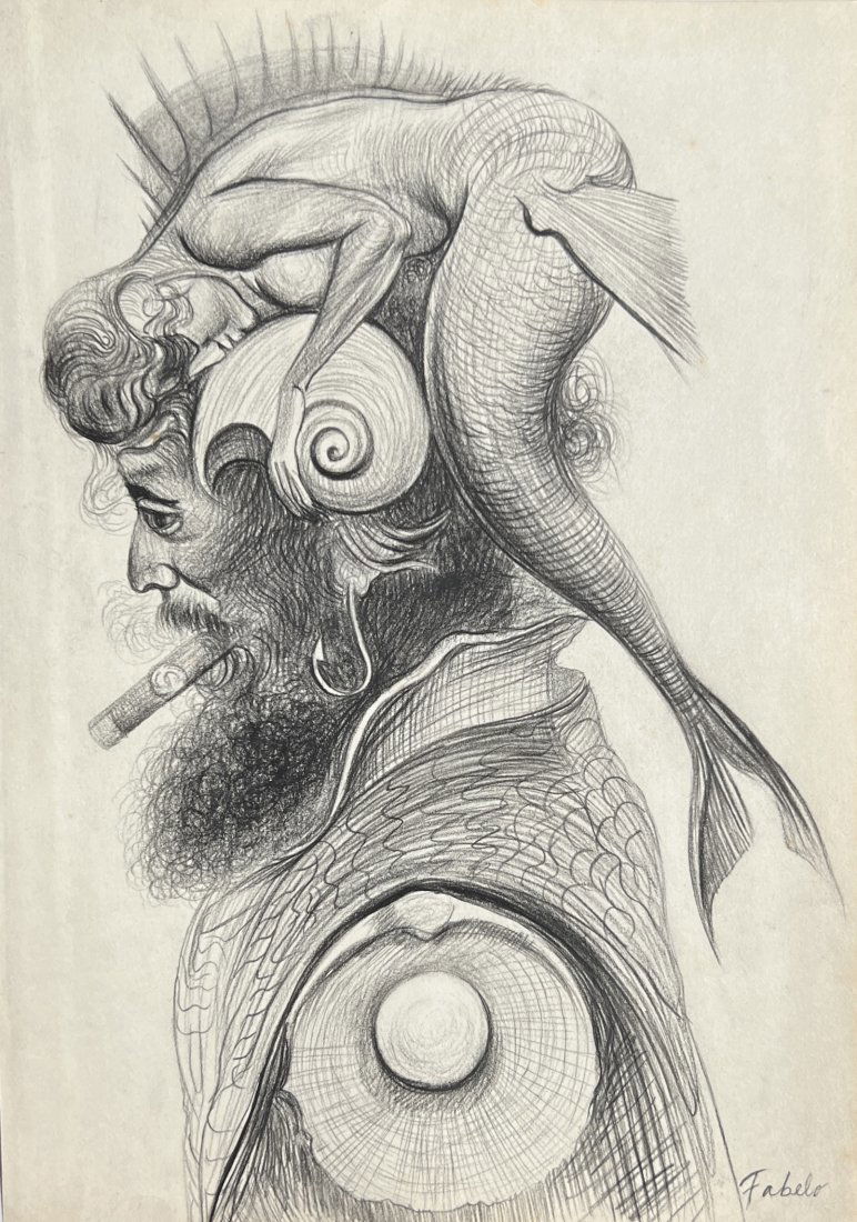 Roberto Fabelo: Drawing on paper 10 x 7 in, manner of Roberto Fabelo (born 1951 Camaguey, Cuba) is a contemporary Cuban painter, sculptor, and illustrator.