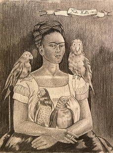 Frida Kahlo (manner of): Drawing on paper 10 x 7 1/2 in, manner of the artist Magdalena Carmen Frida Kahlo y Calderón July 1907 – 13 July 1954) was a Mexican painter known for her many portraits, self-portraits,