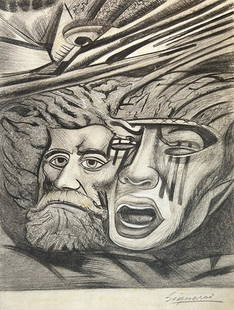 David Alfaro Siqueiros: Drawing on paper 10 1/2 x 8 in, manner of David Alfaro Siqueiros (December 29, 1896, in Chihuahua ? January 6, 1974, in Cuernavaca, Morelos) was a Mexican social realist painter, best known for his