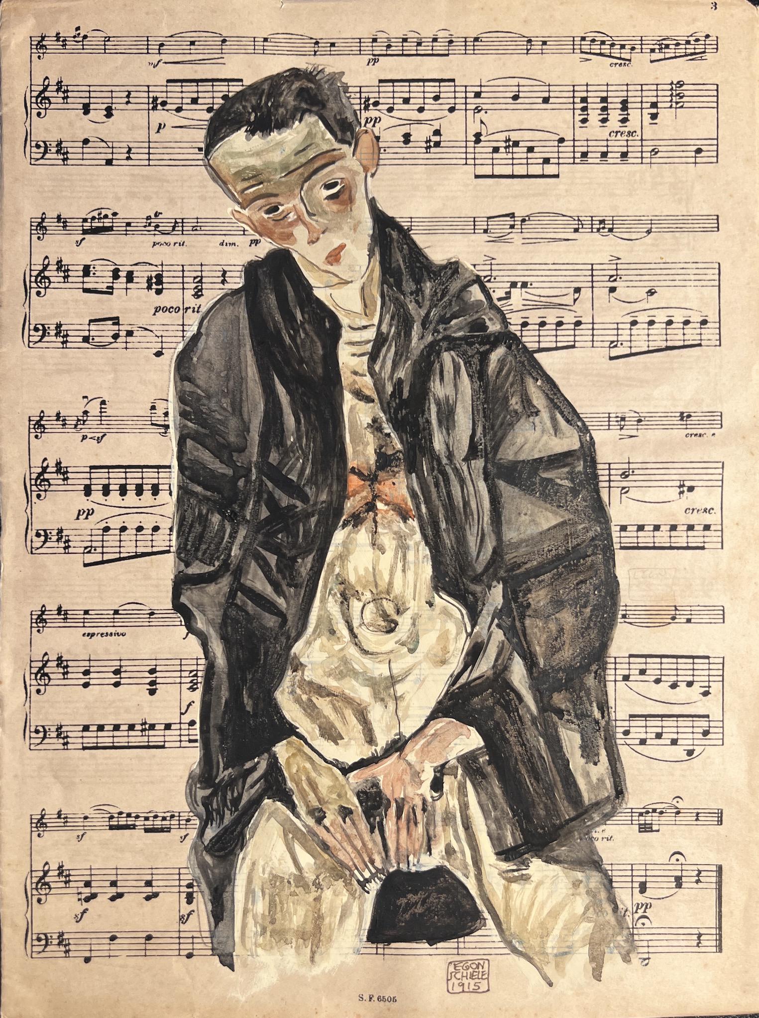 Egon Schiele: Drawing on paper 12 x 9 in, manner of Egon Leo Adolf Ludwig Schiele (12 June 1890 – 31 October 1918) was an Austrian Expressionist painter. His work is noted for its intensity and its raw sexual