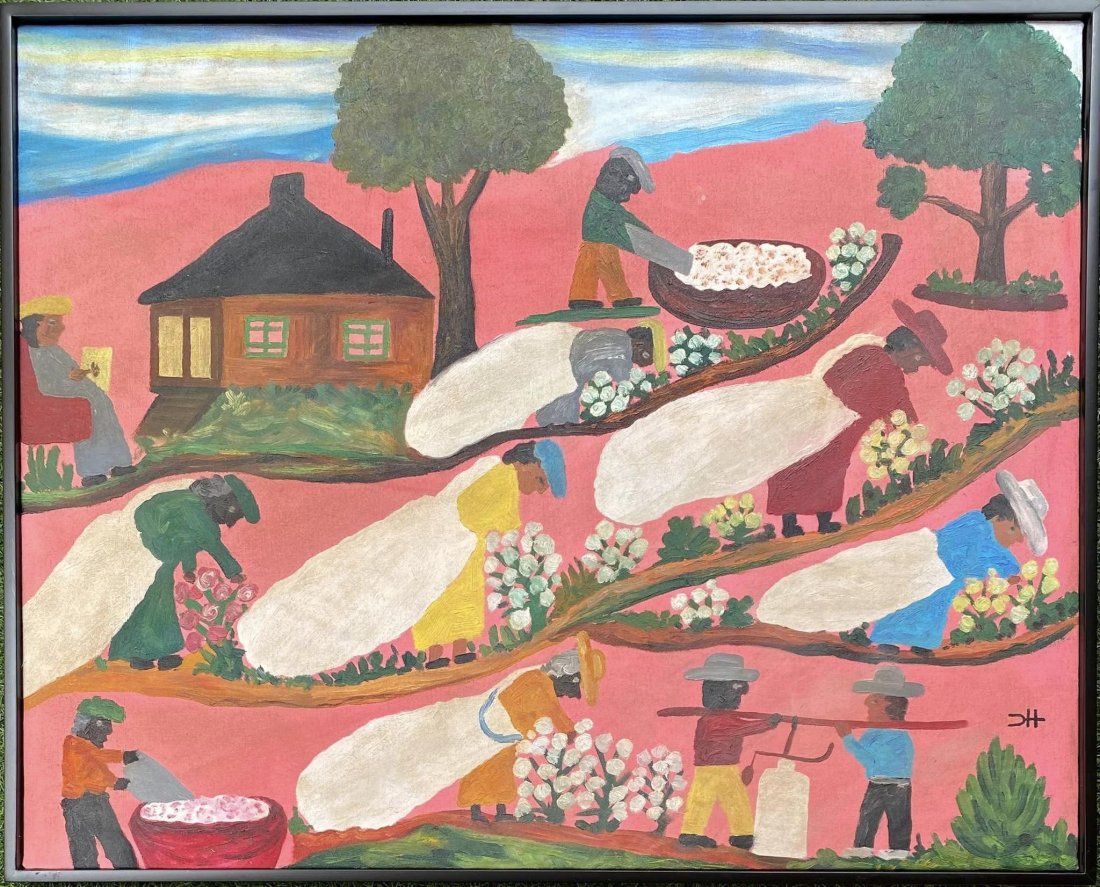 Clementine Hunter: Oil on canvas 32 x 25 in framed (canvas 30 x 24 in) manner of Clementine Hunter (pronounced Clementeen) (late December 1886 or early January 1887 â€“ January 1, 1988) was a self-taught Black folk