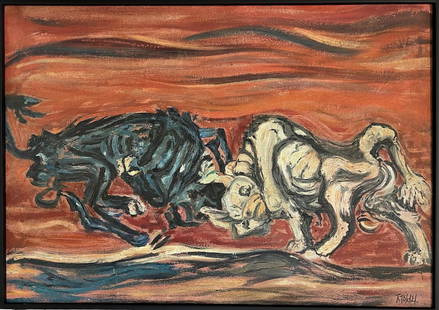 Lee Jung-seob: Oil on canvas 34 x 24 in framed, art 33 x 23 in, manner of Lee Jung Seob (April 10, 1916-September 6, 1956 in Seoul) was a Korean artist, most known for his oil paintings such as "White Ox". Born and