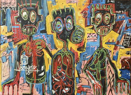 Aboudia: Oil on canvas 34 3/4 x 25 3/4 in, manner of Abdoulaye Diarrassouba, also known as Aboudia, is an American-Ivorian contemporary artist based in Brooklyn, New York, and who works from his studios in