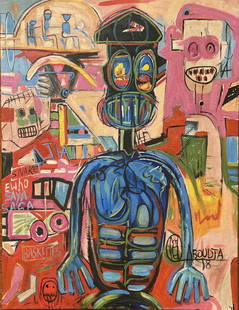 Aboudia: Oil on canvas 27 x 35 in, manner of Abdoulaye Diarrassouba, also known as Aboudia, is an American-Ivorian contemporary artist based in Brooklyn, New York, and who works from his studios in Abidjan