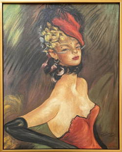 Jean-Gabriel Domergue (manner of): Oil on canvas 24 x 19 1/2 in, manner of Jean-Gabriel Domergue (4 March 1889 - 16 November 1962)- Was a French painter specialising in portraits of Parisian women. Domergue was born in Bordeaux and stu