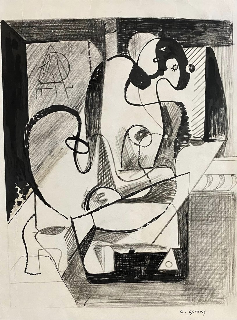 Arshile Gorky: Mix media on paper 12 x 9 in, manner of Arshile Gorky (April 15, 1904 â€“ July 21, 1948) was an Armenian-American painter who had a seminal influence on Abstract Expressionism. He spent the last 
