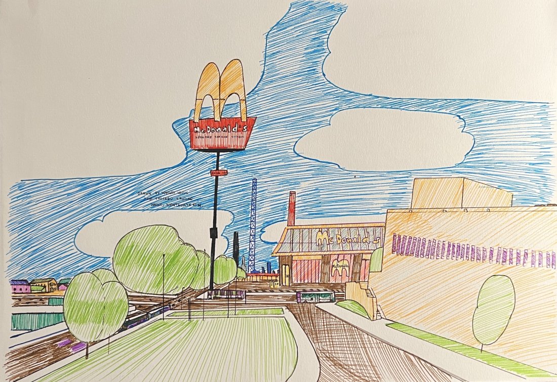 Wesley Willis: Painting on paper 16 1/2 x 11 1/2 in, manner of Wesley Lawrence Willis (May 31, 1963 â€“ August 21, 2003) was an American musician and visual artist. Diagnosed with schizophrenia in 1989, Willis 