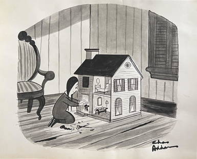Charles Addams: Ink on paper 10 1/4 x 8 1/4 in, manner of Charles Samuel Addams (January 7, 1912 – September 29, 1988) was an American cartoonist known for his darkly humorous and macabre characters, signing