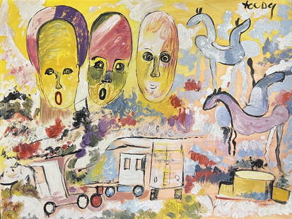 Purvis Young: Painting on paper 12 x 9 in, manner of Purvis Young (February 4, 1943 – April 20, 2010) was an American artist from the Overtown neighborhood of Miami, Florida. Young's work, often a blend of
