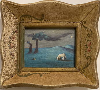 Gertrude Abercrombie: Oil on board framed 8 x 7 in, (Art 4 1/2 x 3 1/2 in), manner of Gertrude Abercrombie (February 17, 1909 – July 3, 1977) was an American painter based in Chicago. Called "the queen of the