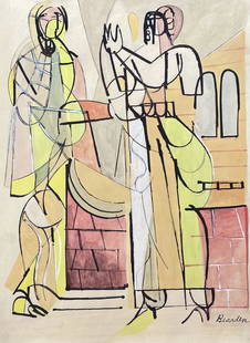 Romare Bearden: Painting on paper 11 1/4 x 8 1/4 in, manner of Romare Bearden (September 2, 1911 – March 12, 1988) was an American artist, author, and songwriter. He worked with many types of media including ca