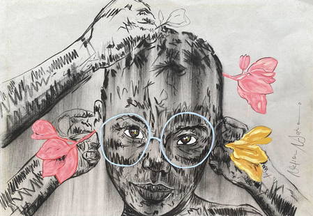 NELSON MAKAMO: Painting on paper 11 1/2 x 8 in, manner of NELSON MAKAMO b. 1982 Modimolle, Limpopo Johannesburg-based Artist Nelson Makamo is best known for his charcoal and oil paintings that redresses decades of