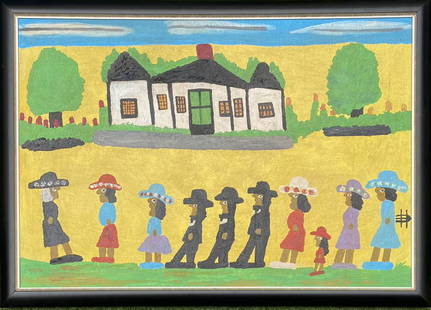 Clementine Hunter: Oil on canvas 34 1/2 x 24 1/2 in (art 31 x 21 1/4 in) manner of Clementine Hunter (pronounced Clementeen; late December 1886 or early January 1887 – January 1, 1988) was a self-taught Black