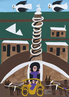 Amos Ferguson: Painting on paper 10 1/2 x 7 3/4 in, manner of Amos Ferguson (February 28, 1920 â€“ October 19, 2009) was a Bahamian folk artist.Amos Ferguson was a Bahamian folk artist who is known for his