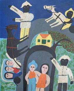 Amos Ferguson: Painting on cardboard 14 1/2 x 12 in, manner of Amos Ferguson (February 28, 1920 â€“ October 19, 2009) was a Bahamian folk artist.Amos Ferguson was a Bahamian folk artist who is known for his