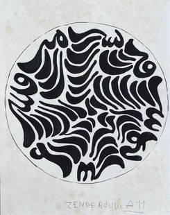 Hossein Zenderoudi: Drawing on paper 10 1/2 x 8 1/4 in, manner of Hossein Zenderoudi (born March 11, 1937) is an Iranian painter, calligrapher and sculptor, known as a pioneer of Iranian modern art and as one of the
