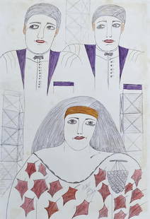 Lee Godie: Drawing on paper 11 3/4 x 8 1/4 in, manner of Lee Godie (September 1, 1908 â€“ March 2, 1994) was an American self-taught artist who was active in Chicago during the late 1960s until around the