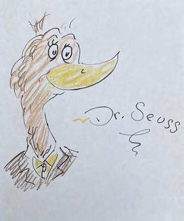 Dr. Seuss: Drawing on paper 9 x 7 1/2 in, manner of Theodor Seuss Geisel (March 2, 1904 â€“ September 24, 1991) was an American children's author and cartoonist. He is known for his work writing and