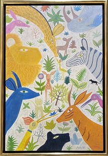 Henri Hecht Maik: Oil on canvas framed 35 1/2 x 24 1/2 in(art 33 x 22 in), manner of Henri Hecht Maik (1922 - 1993) was active/lived in France. Henri Maik is known for Naive animal.