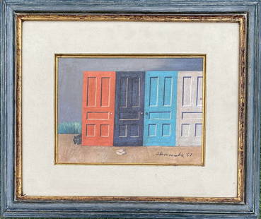 Gertrude Abercrombie: Oil on canvas framed 18 1/4 x 15 1/2 in (art 10 1/4 x 7 1/2 in) manner of Gertrude Abercrombie (February 17, 1909 â€“ July 3, 1977) was an American painter based in Chicago. Called "the queen of