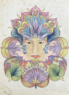 Minnie Evans: Drawing on paper 11 X 8 in, manner of Minnie Eva Evans (December 12, 1892 â€“ December 16, 1987) was an African American artist who worked in the United States from the 1940s to the 1980s.[