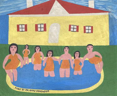 Amos Ferguson: Painting on cardboard 14 ¼ X 11 ¾ in, manner of Amos Ferguson (February 28, 1920 - October 19, 2009) was a Bahamian folk artist.Amos Ferguson was a Bahamian folk artist who is known for
