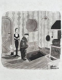 Charles Addams: Drawing on paper 10 ¾ X 8 ¼ in, manner of Charles Samuel Addams (January 7, 1912 â€“ September 29, 1988) was an American cartoonist known for his darkly humorous and macabre