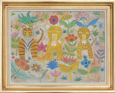 Henri Hecht Maik: Oil on canvas framed 23 ½ X 19 in(art 19 X 14 ½ in), manner of Henri Hecht Maik (1922 - 1993) was active/lived in France. Henri Maik is known for Naive animal.