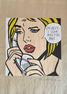 Roy Lichtenstein (manner of): Mix media on paper 11 1/2 x 8 in, manner of Roy Fox Lichtenstein (October 27, 1923 – September 29, 1997) was an American pop artist. During the 1960s, along with Andy Warhol, Jasper Johns, and