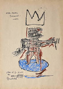 Jean-Michel Basquiat (After): Mix media on paper 11 1/2 x 8 1/4 in, manner of Jean-Michel Basquiat (December 22, 1960 – August 12, 1988) was an American artist who rose to success during the 1980s as part of the