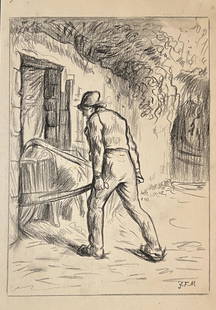 Jean-Francois Millet (manner of): Drawing on paper 10 7 in, manner of Jean-François Millet (4 October 1814 – 20 January 1875) was a French artist and one of the founders of the Barbizon school in rural France. Millet is noted for