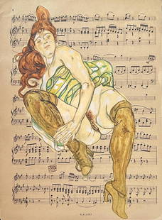 Egon Schiele (manner of): Mix media on paper 12 x 8 1/2 in, manner of Egon Leo Adolf Ludwig Schiele (12 June 1890 – 31 October 1918) was an Austrian Expressionist painter. His work is noted for its intensity and its raw