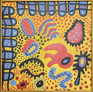 Yayoi Kusama (manner of): Oil on canvas framed 28 x 28 in, (Art 27 x 27 in), manner of Kusama (Kusama Yayoi, born 22 March 1929) is a Japanese contemporary artist who works primarily in sculpture and installation, and is also