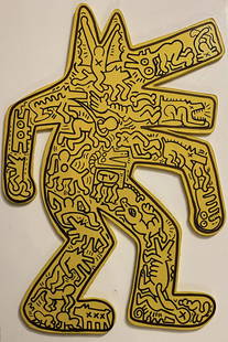 Keith Haring (After): Hand painted wood sculpture 10 3/4 x 7 1/2 in, manner of Keith Allen Haring (May 4, 1958 – February 16, 1990) was an American artist whose pop art emerged from the New York City graffiti subculture