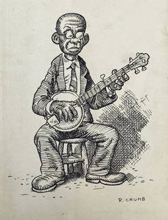 Robert Crumb: Drawing on paper 8 1/4 x 6 1/4 in, manner of Robert Dennis Crumb (August 30, 1943) is an American cartoonist who often signs his work R. Crumb. His work displays a nostalgia for American folk culture