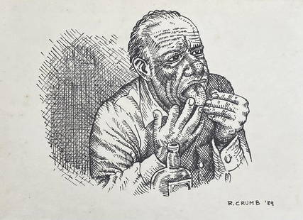 Robert Crumb: Drawing on paper 8 3/4 X 6 1/2 in, manner of Robert Dennis Crumb (August 30, 1943) is an American cartoonist who often signs his work R. Crumb. His work displays a nostalgia for American folk culture
